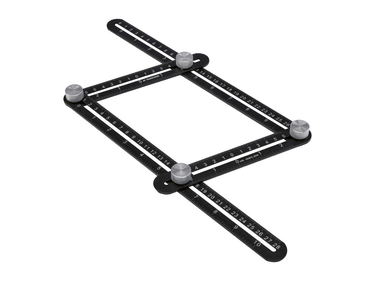 A black multi-angle measuring ruler with silver knobs, featuring metric and imperial scales.