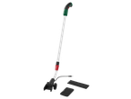 Trimmer electric de gazon cu roți, încărcător și capac de protecție.