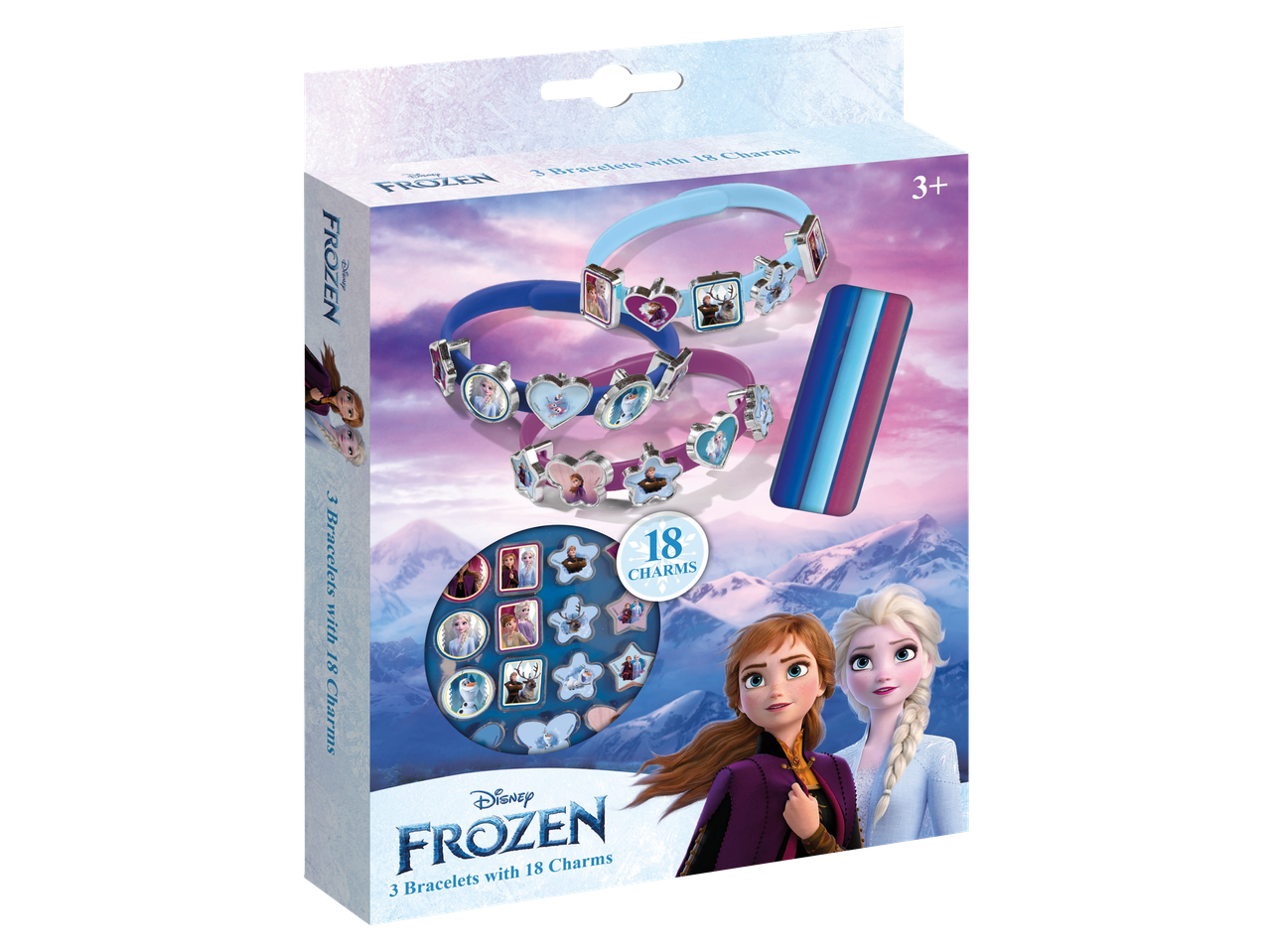 Set van 3 armbanden met 18 ijsprinses-bedels voor kinderen vanaf 3 jaar.