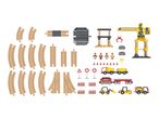 A construction-themed wooden train set with tracks, vehicles, figures, and accessories.