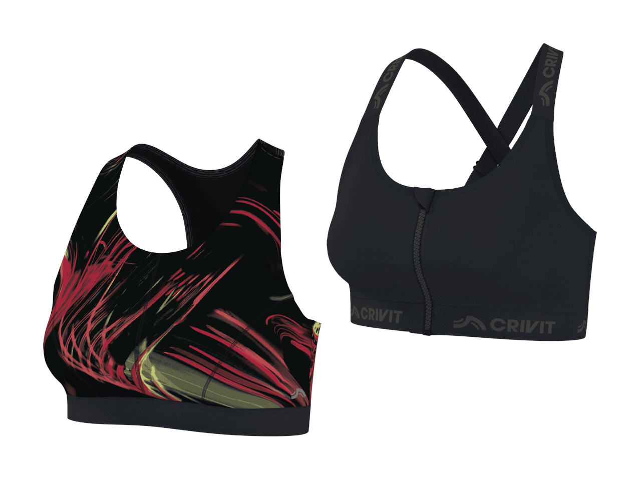 Due reggiseni sportivi: uno nero con cerniera frontale e uno nero con stampa astratta rossa e gialla.