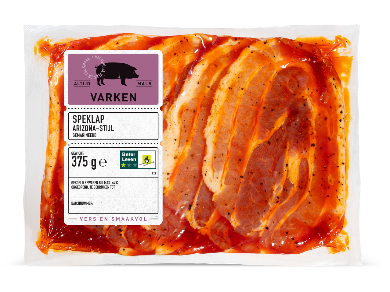Arizona-style gemarineerde varkensbuik, vacuüm verpakt.