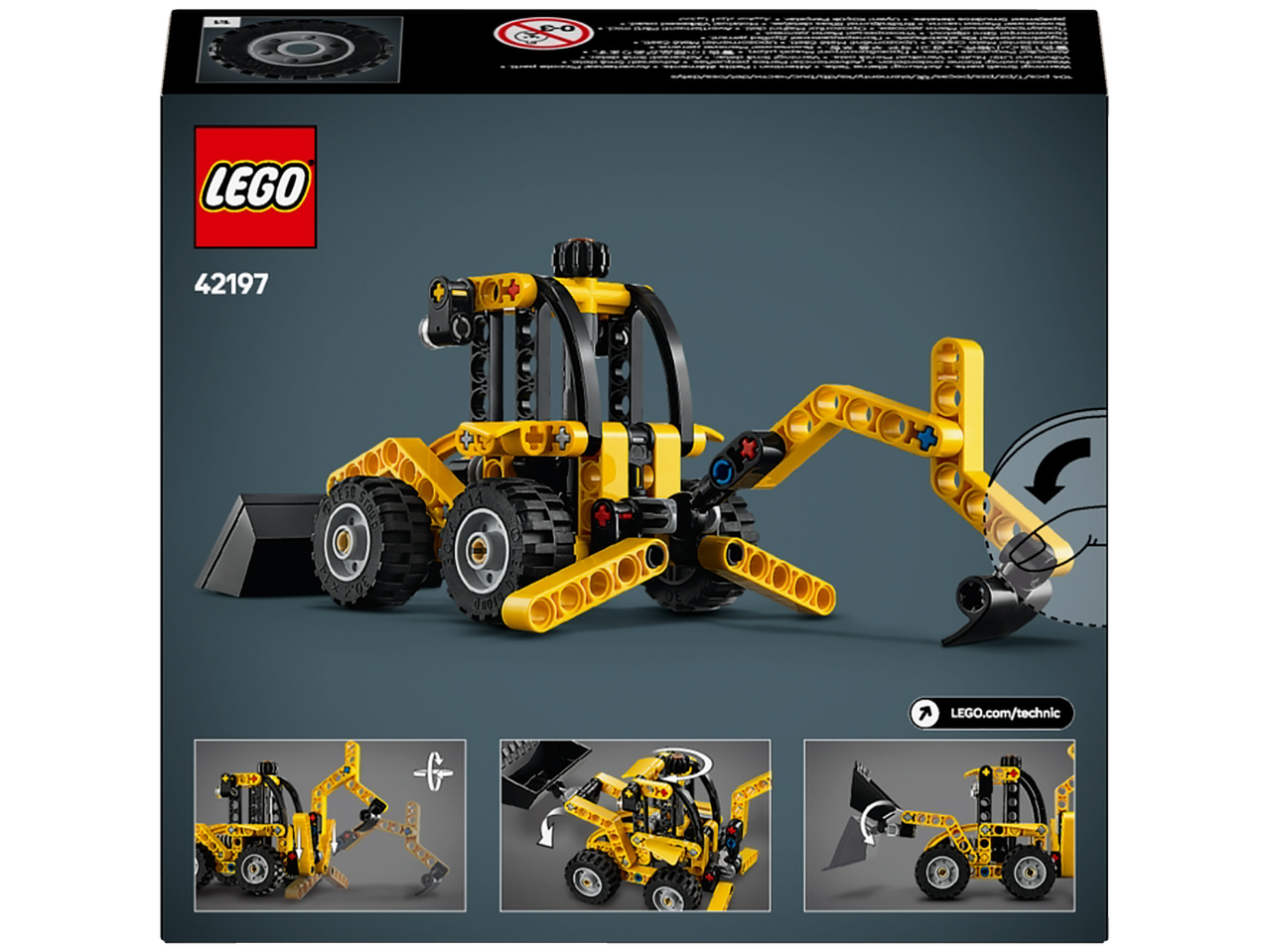 Dzeltens rotaļu ekskavators-iekrāvējs ar kustīgām svirām un kausiem, uz tumši pelēka fona.