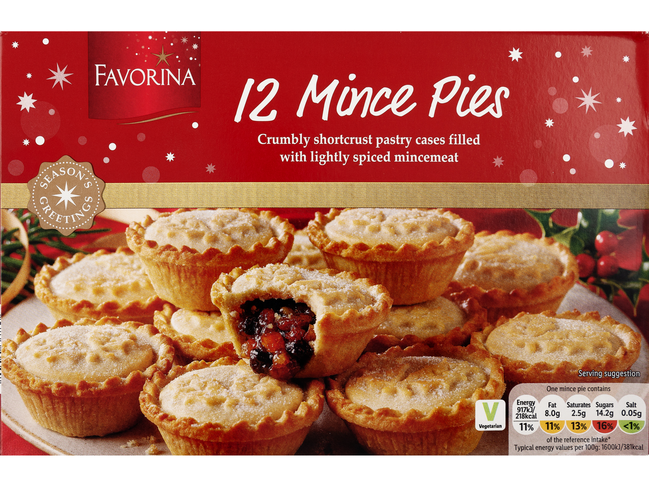 Favorina 12 Mince Pies with crumbly shortcrust pastry and spiced mincemeat.