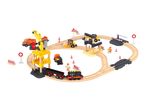 Wooden toy train set with construction vehicles, workers, and accessories on a white background.