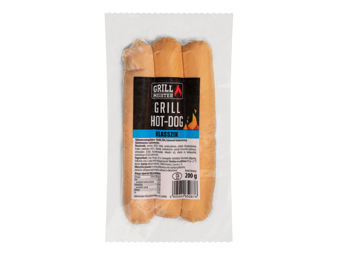 Grill Meister Klasszik Grill Hot-Dog, 200g-os csomag három kolbásszal.