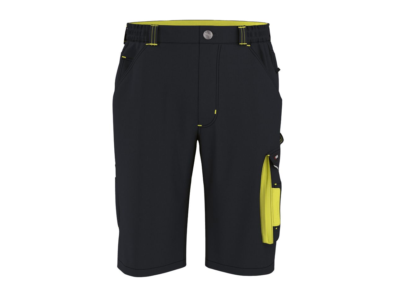 Black and yellow work shorts with multiple pockets and an elastic waistband.
