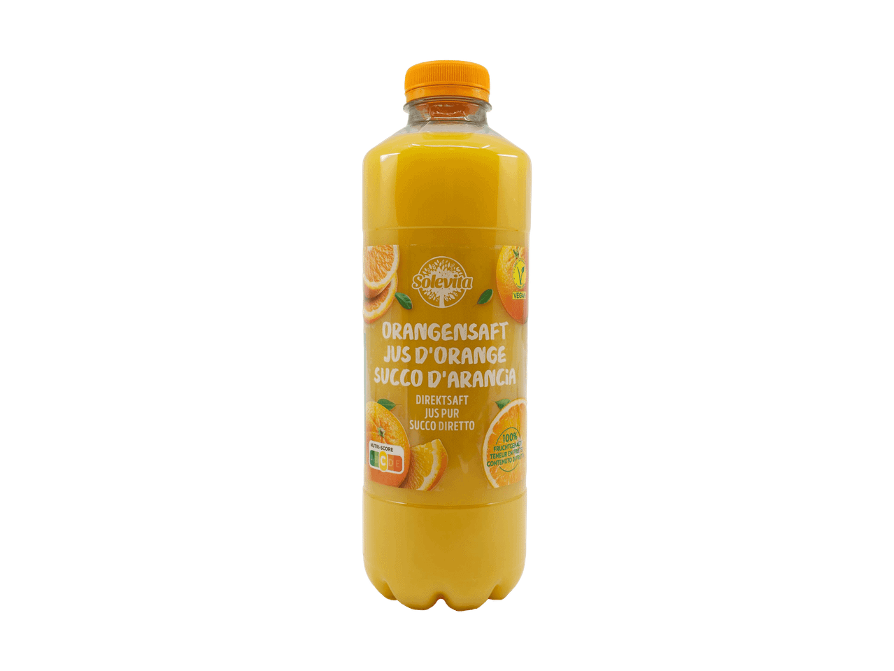 Flasche Orangensaft mit mehrsprachigem Etikett und Nutri-Score.