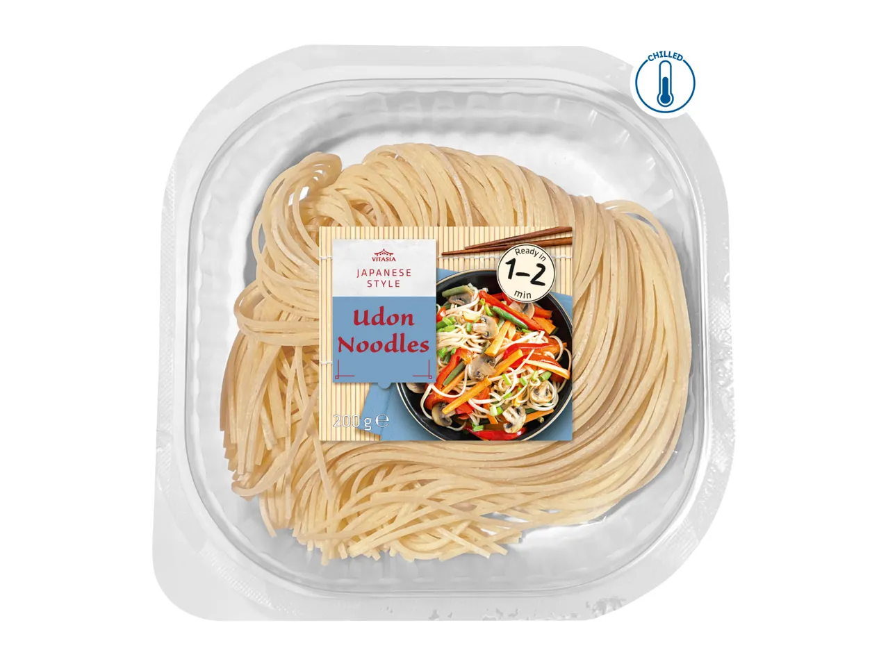Pack of chilled Japanese style Udon Noodles, ready in 1-2 minutes, with a stir-fry image.