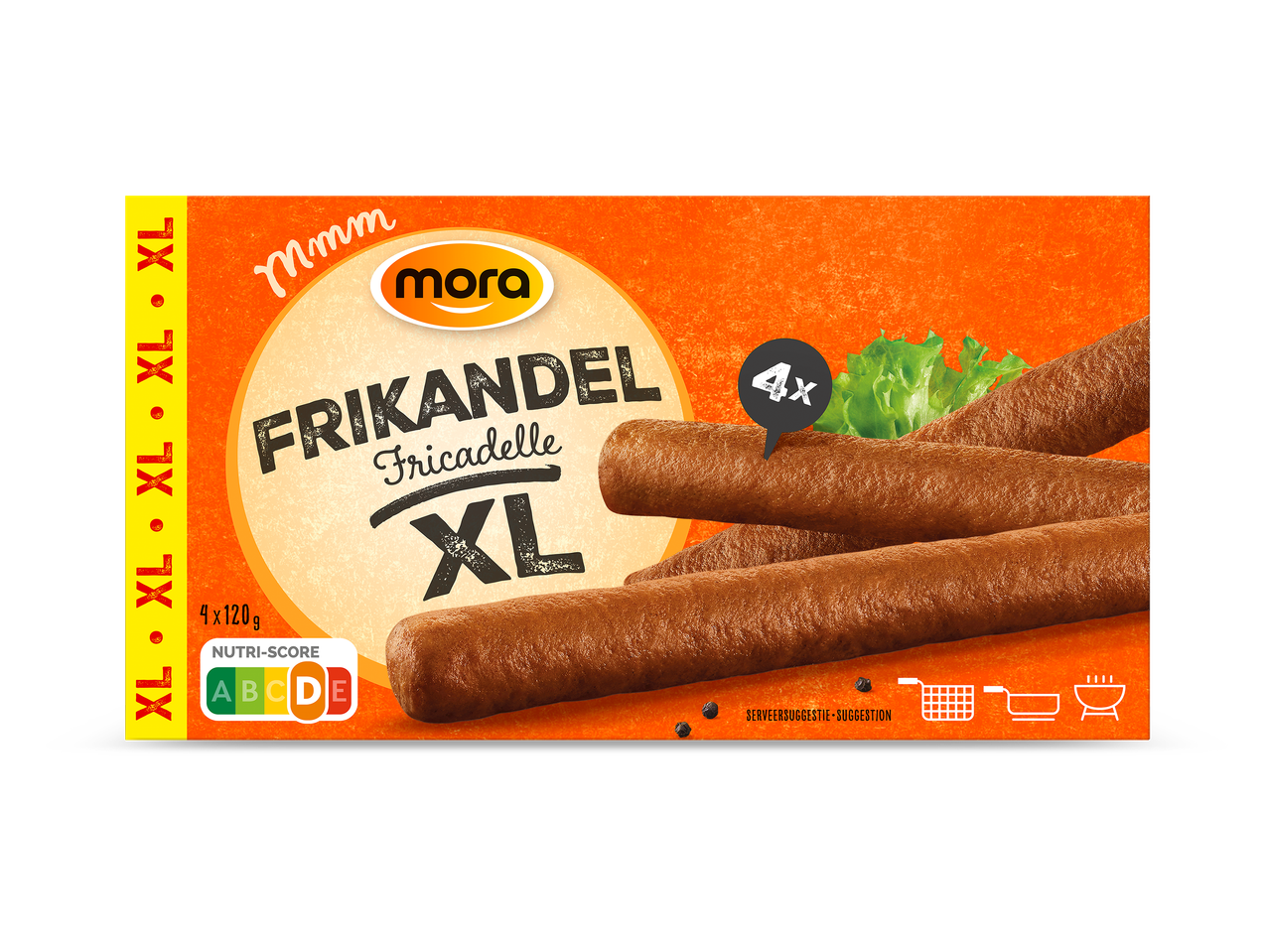 Een verpakking XL frikandellen met een Nutri-Score D.