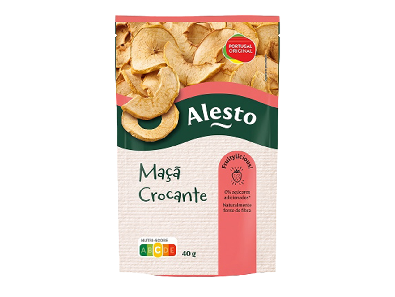 Maçã crocante com 0% açúcares adicionados, naturalmente fonte de fibra, 40g.