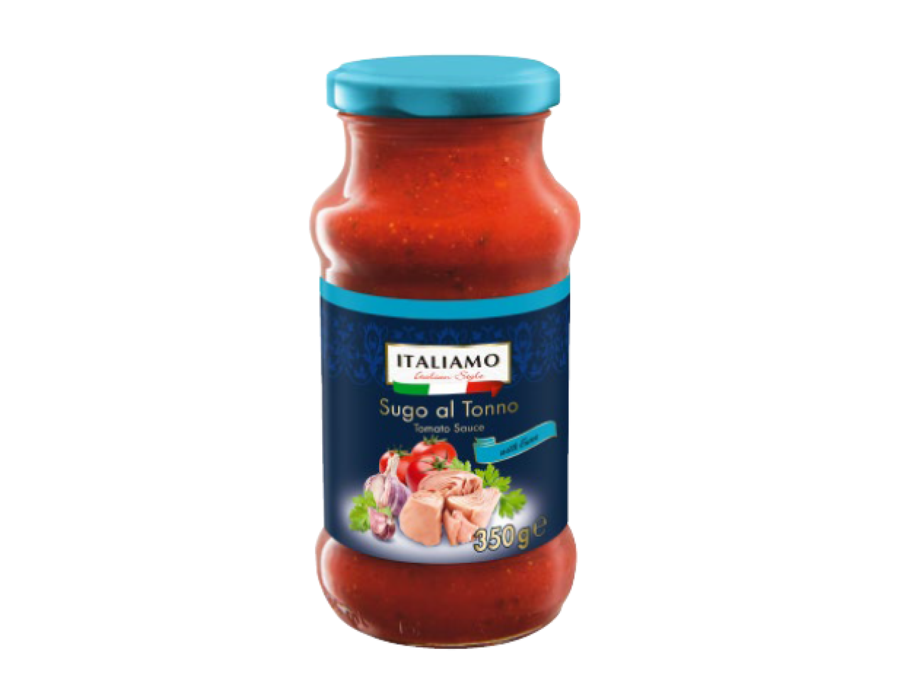 Molho de tomate com atum em frasco de vidro, 350g.