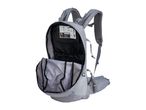 Open grey backpack with internal pockets and emergency signal instructions.