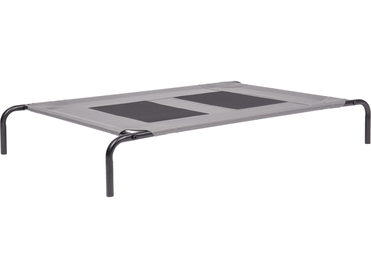 A gray elevated pet bed with a black metal frame.