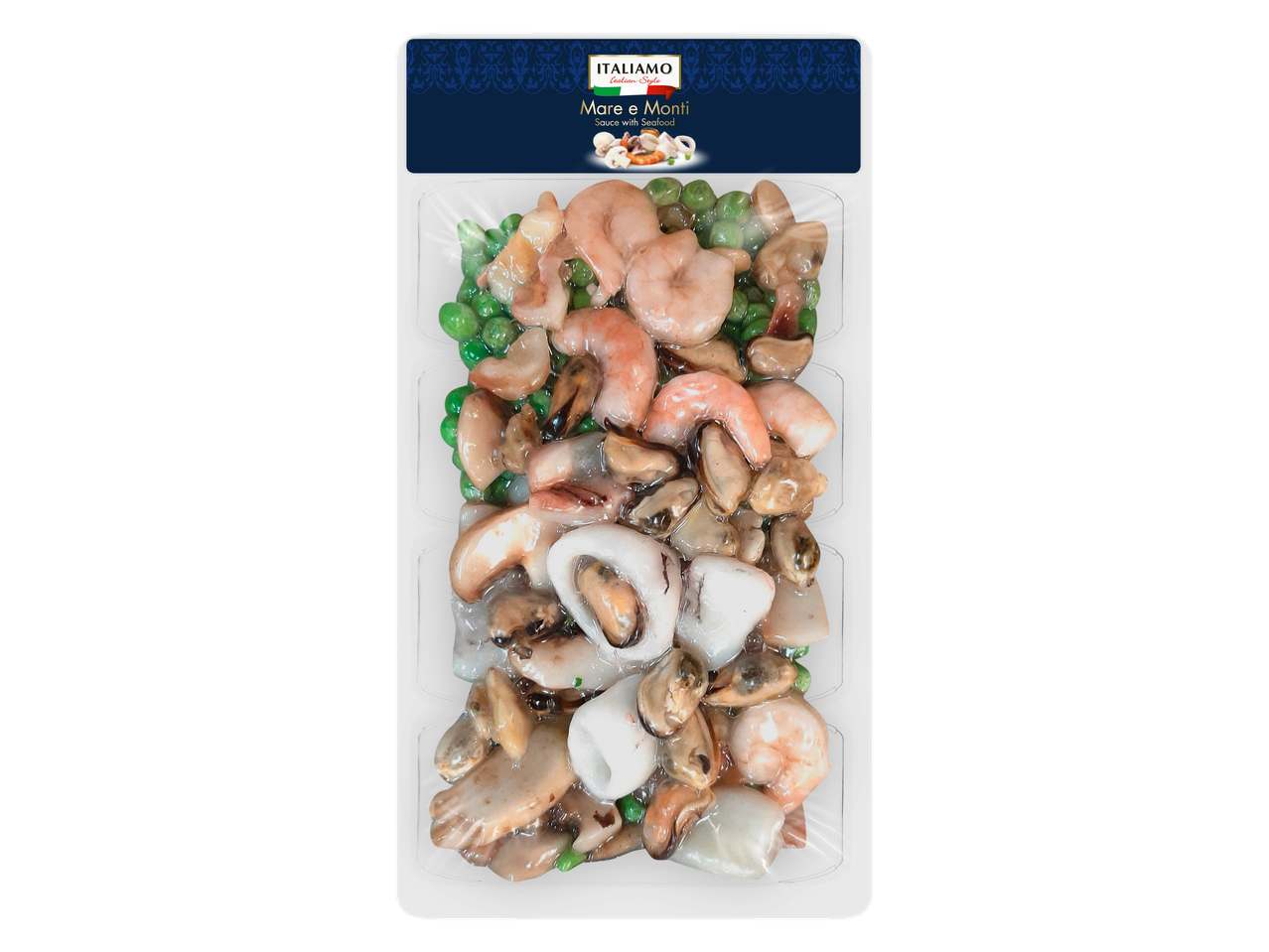 Italiamo Mare e Monti jūras velšu maisījums ar garnelēm, mīdijām, kalmāriem, sēnēm un zirņiem