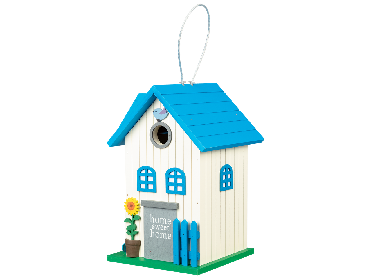 Nichoir décoratif en forme de maisonnette bleue et blanche avec l'inscription 'home sweet home'.
