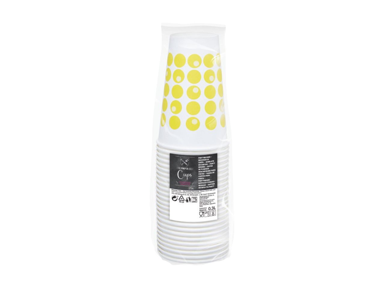 Disposable paper cups, yellow polka dot design.