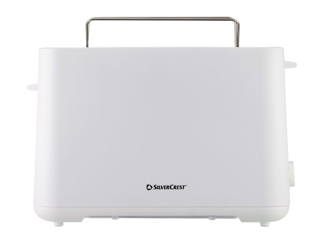 White toaster with a metal handle on top, viewed from the front.