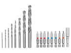 A set of drill bits and screwdriver bits of various sizes.