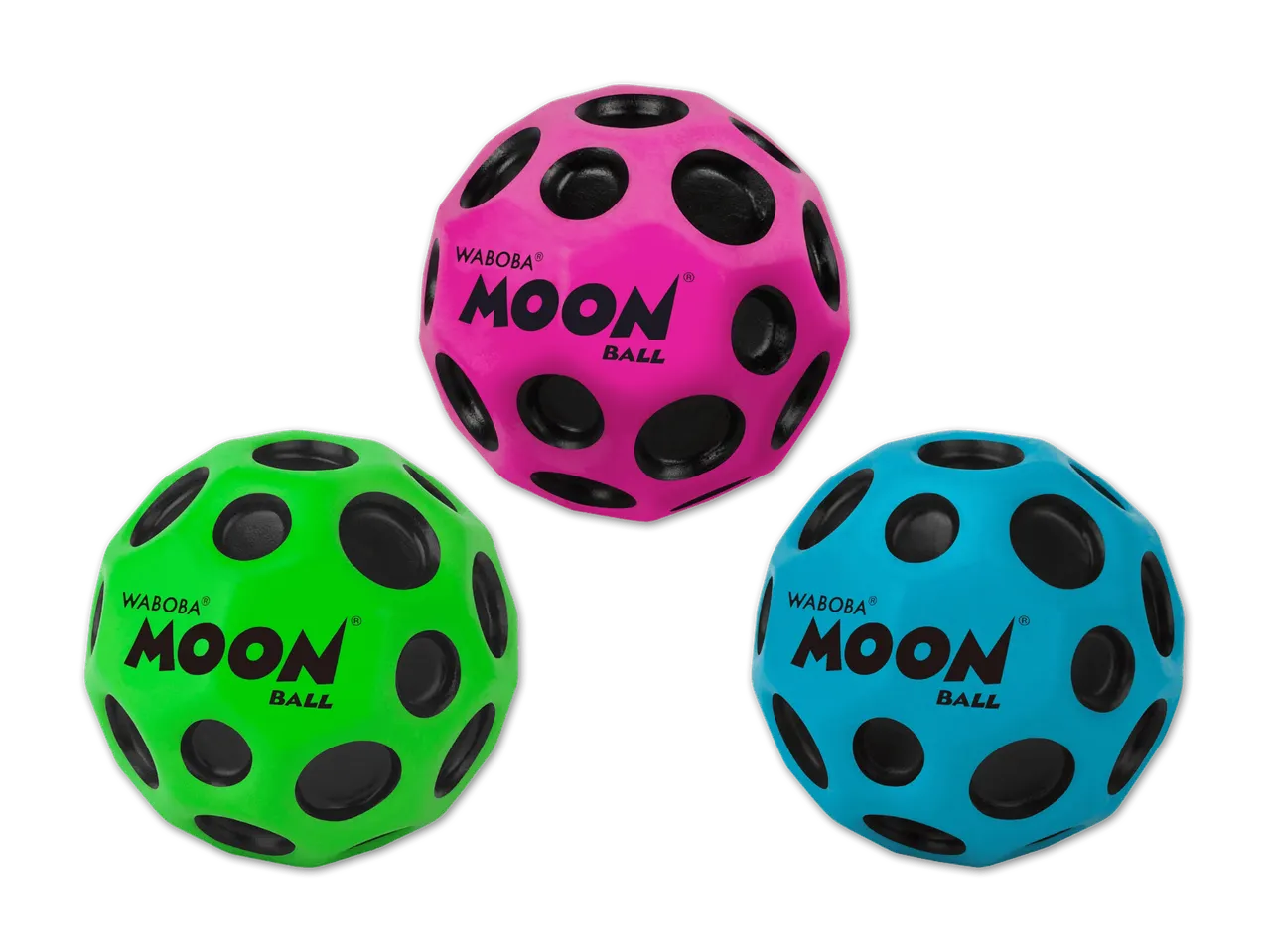 Drei Waboba Moon Bälle in Pink, Grün und Blau mit schwarzen Punkten.