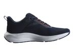 Dark blue and orange athletic shoe with a white sole, side view.