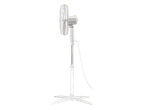 A white pedestal fan with a metal stand.