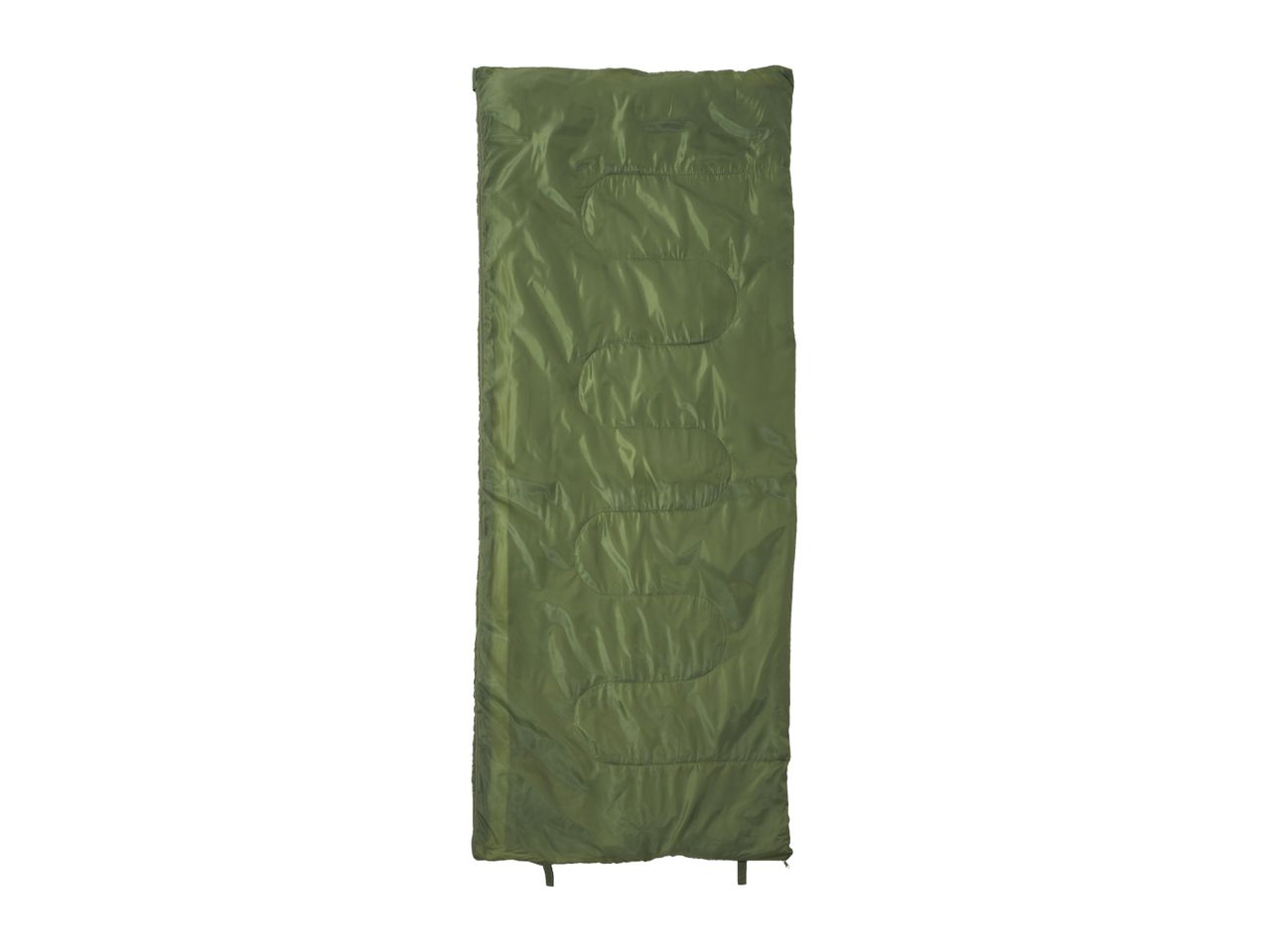 Green sleeping bag with a quilted pattern, laid flat on a white background.