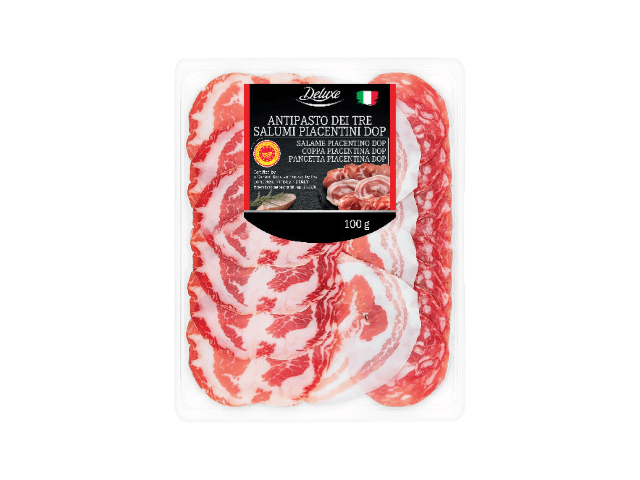 Trīs veidu itāļu gaļas delikatešu asorti: salame, coppa un pancetta, 100 g.