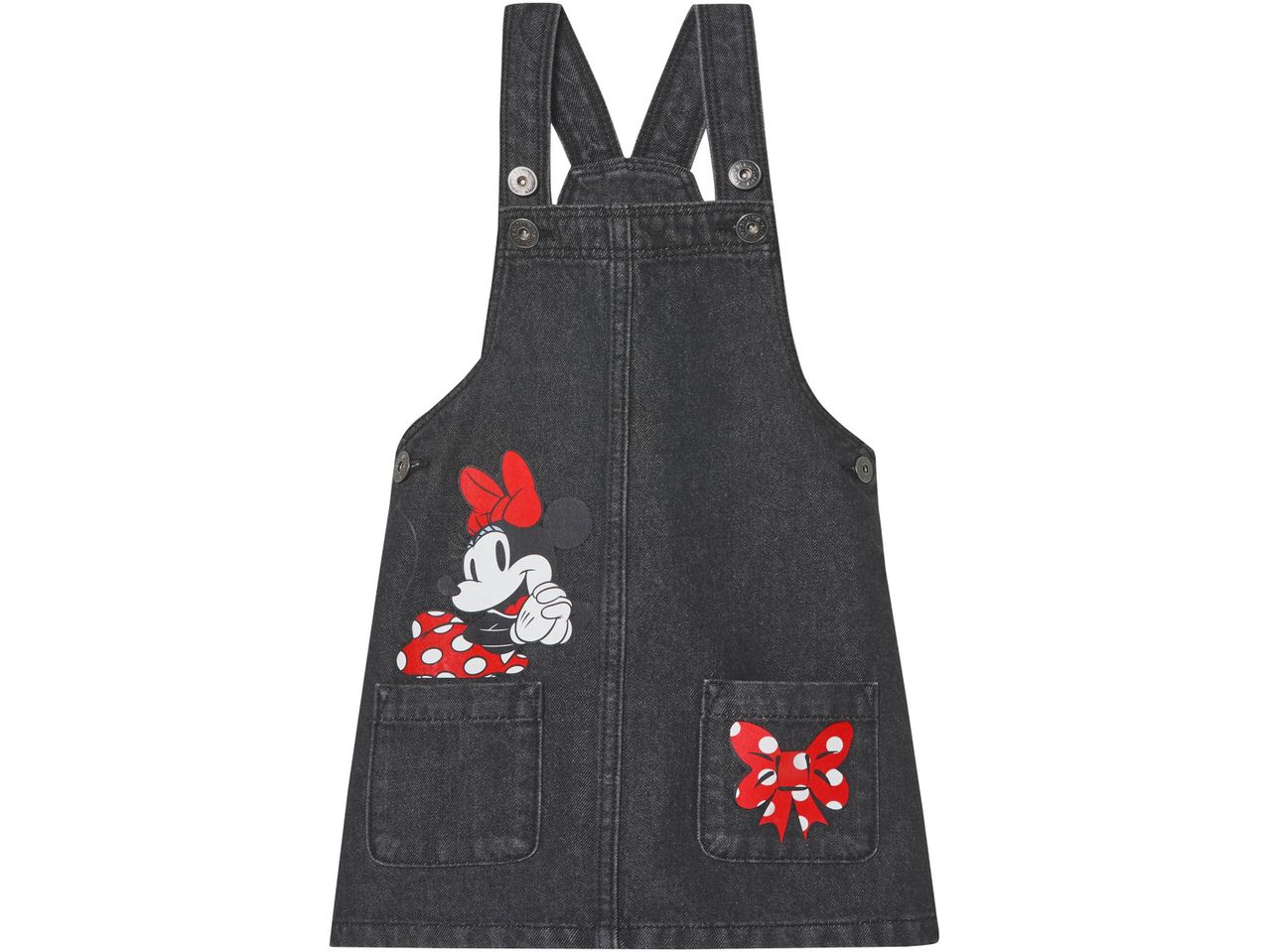 Minnie Mouse denim overall dress with red polka dot bow and character graphic