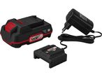 A black and red power tool battery with a charger and power adapter.