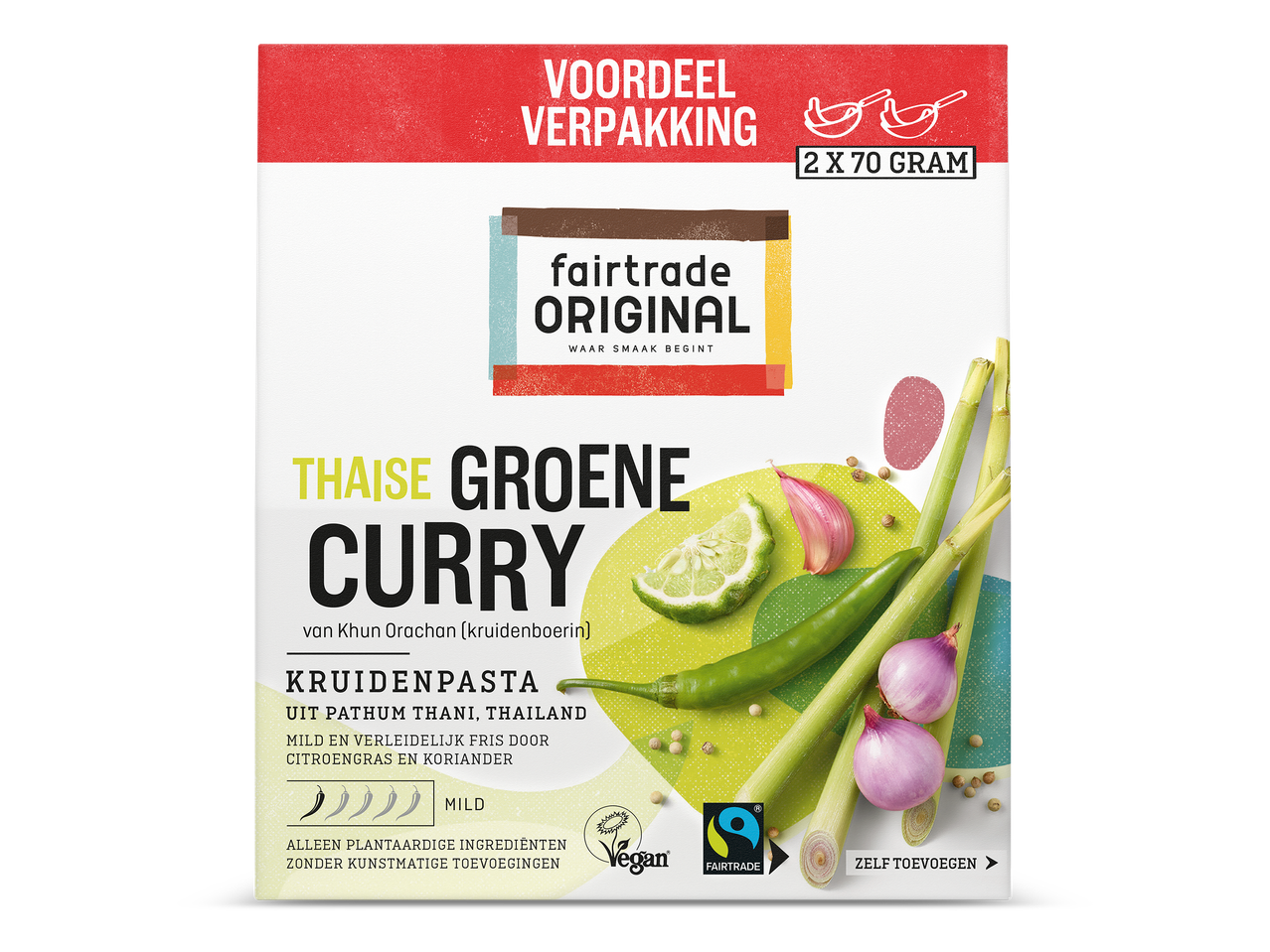 Verpakking Thaise groene curry kruidenpasta met Fairtrade en Vegan keurmerken.
