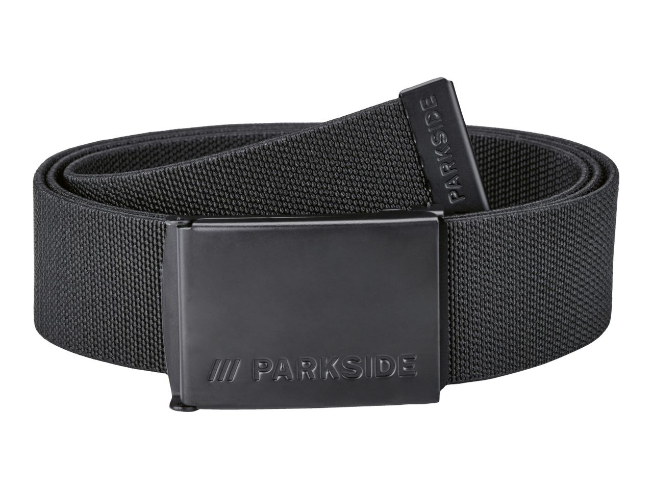 Black Parkside fabric belt with a black buckle, coiled on a white background.
