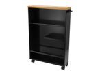Black rolling storage cart with a light wooden top and multiple shelves.