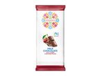 Milk chocolate bar with cherry-flavored filling, featuring a folk-art inspired design.