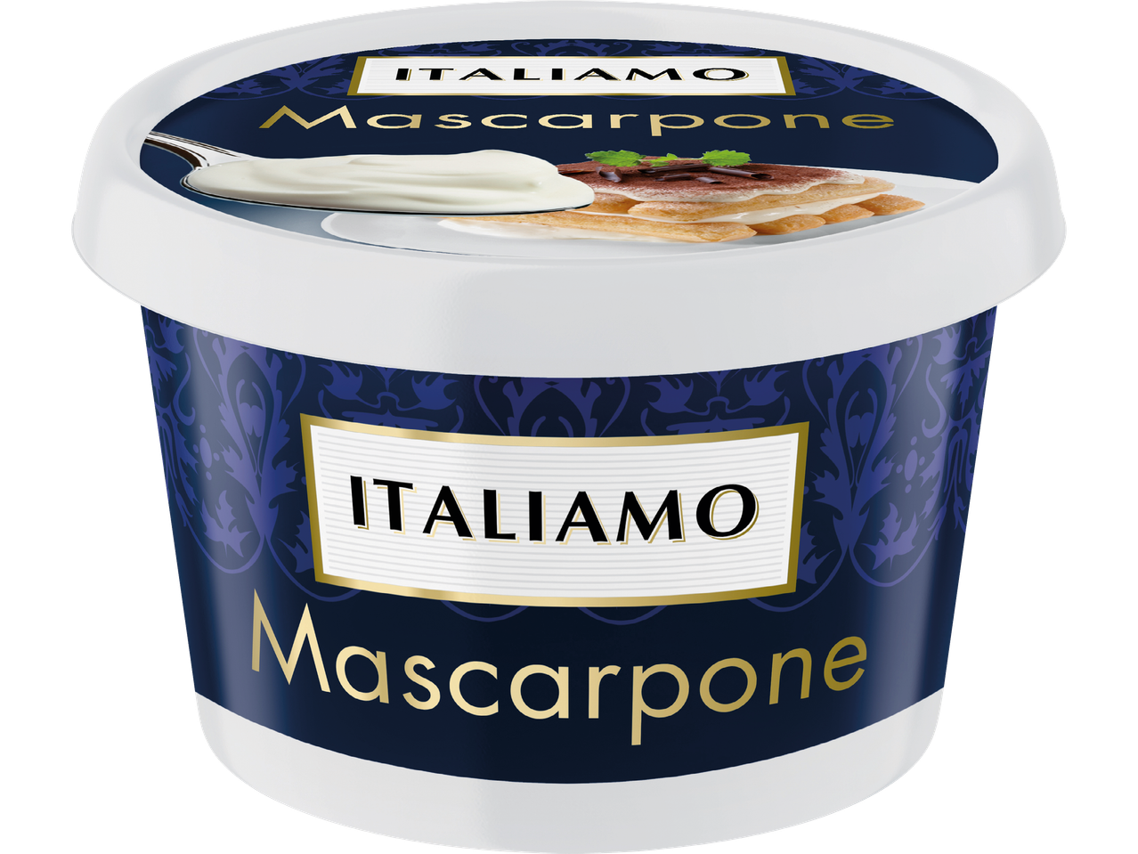 En behållare med mascarpone från Italiamo med en bild av tiramisu på locket.