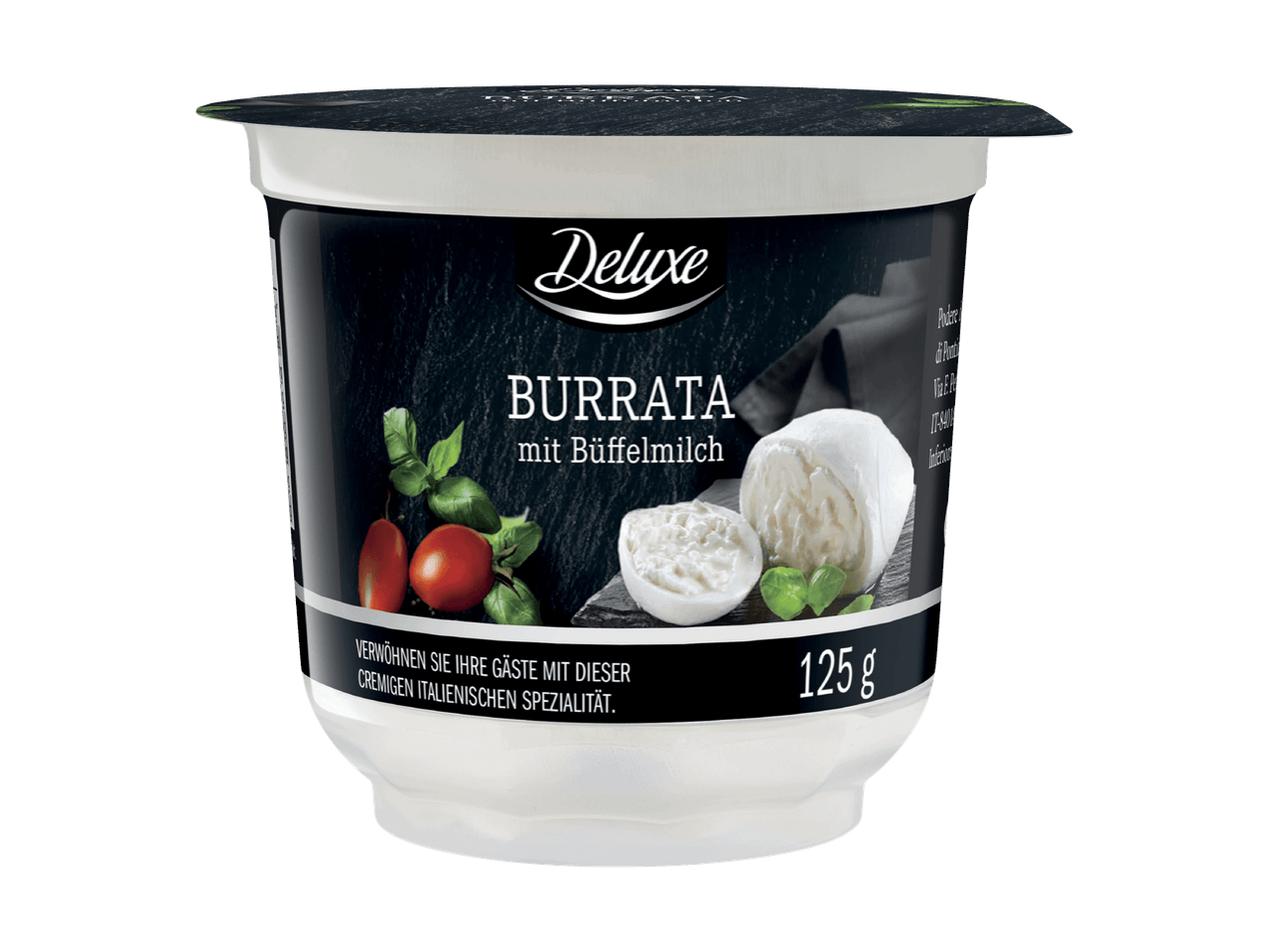 Delice Burrata mit Basilikum im Becher.