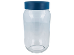 Frasco de vidro transparente com tampa azul.