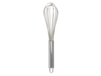 Stainless steel whisk with a shiny handle and a loop for hanging.