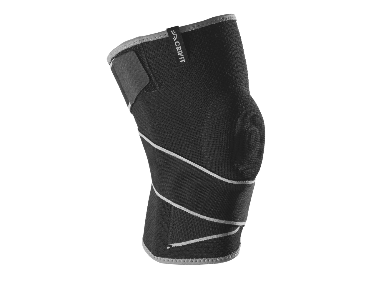 Crivit ceļa saite melnā krāsā ar baltām svītrām un logotipu.