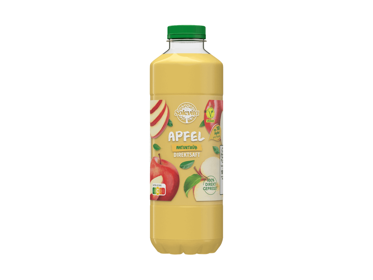 Flasche naturtrüber Apfeldirektsaft mit Apfelbildern und Nährwertangaben.