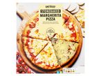 A pre-cut Rustichella d'Abruzzo Margherita pizza on a wooden board.