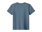Back view of a plain, steel-blue short-sleeved t-shirt for kids.