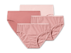 Drei Damen-Slips in Rosa, einer davon gestreift, auf schwarzem Hintergrund.