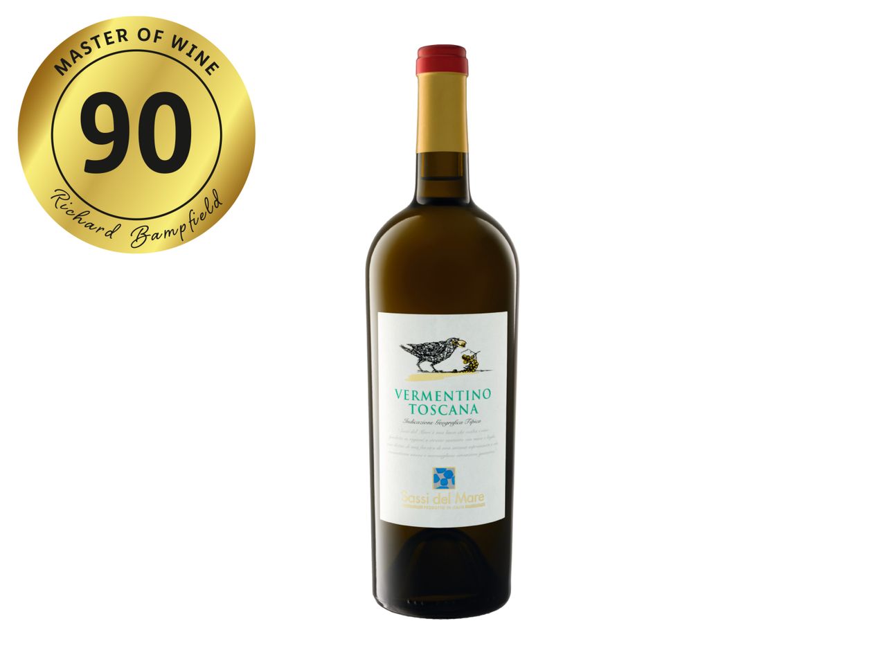 White wine bottle with a gold Master of Wine 90-point rating seal.