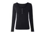 Black long-sleeved ribbed top with a scoop neck and white buttons