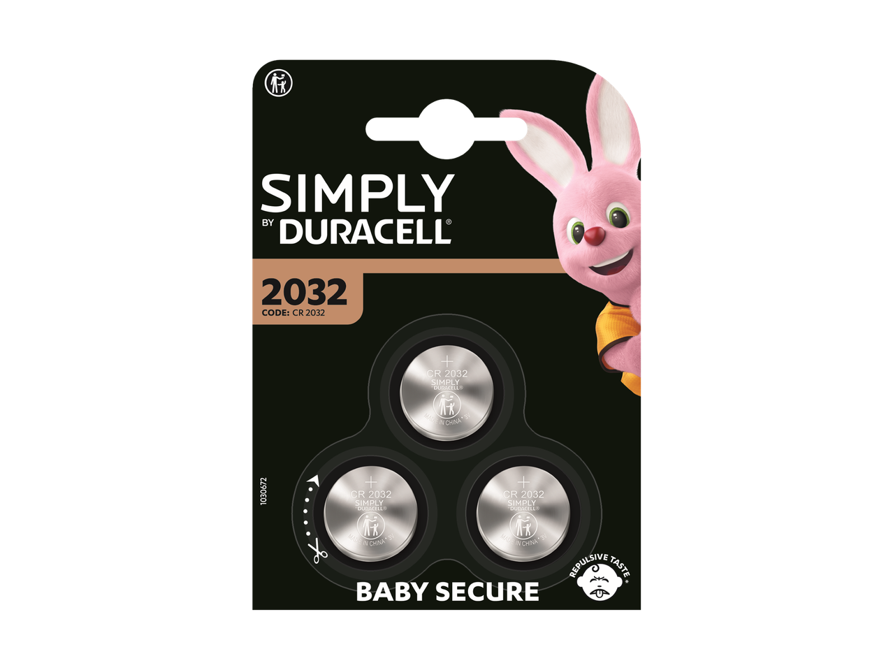 Verpakking met drie knoopcelbatterijen van het type 2032, met een roze konijn en de tekst 'BABY SECURE'.