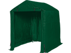 Green outdoor storage shed with an open front