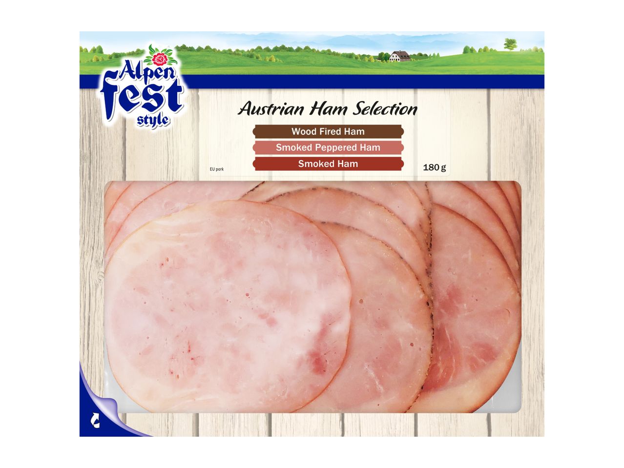 Austrian ham selection including wood fired, smoked peppered, and smoked ham, 180g