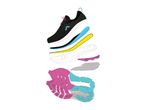 Exploded view of a black and white athletic shoe with colorful internal components.