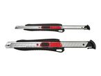 Two utility knives with black and red handles, featuring segmented blades.